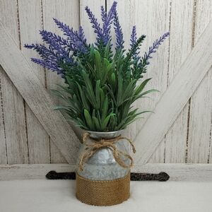 Lavender Flowers in Burlap Wrapped Metal Vase Farmhouse Country Home Decor